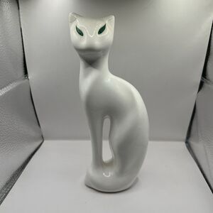 Vintage White Siamese Cat 8" Figurine with Green Eyes Ceramic MCM Mid Century